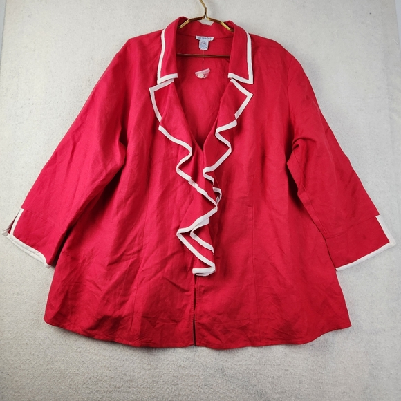 JG Hook Womens Plus Size 28W Linen Blend Red/White Ruffle Front Button Shirt - Picture 1 of 10